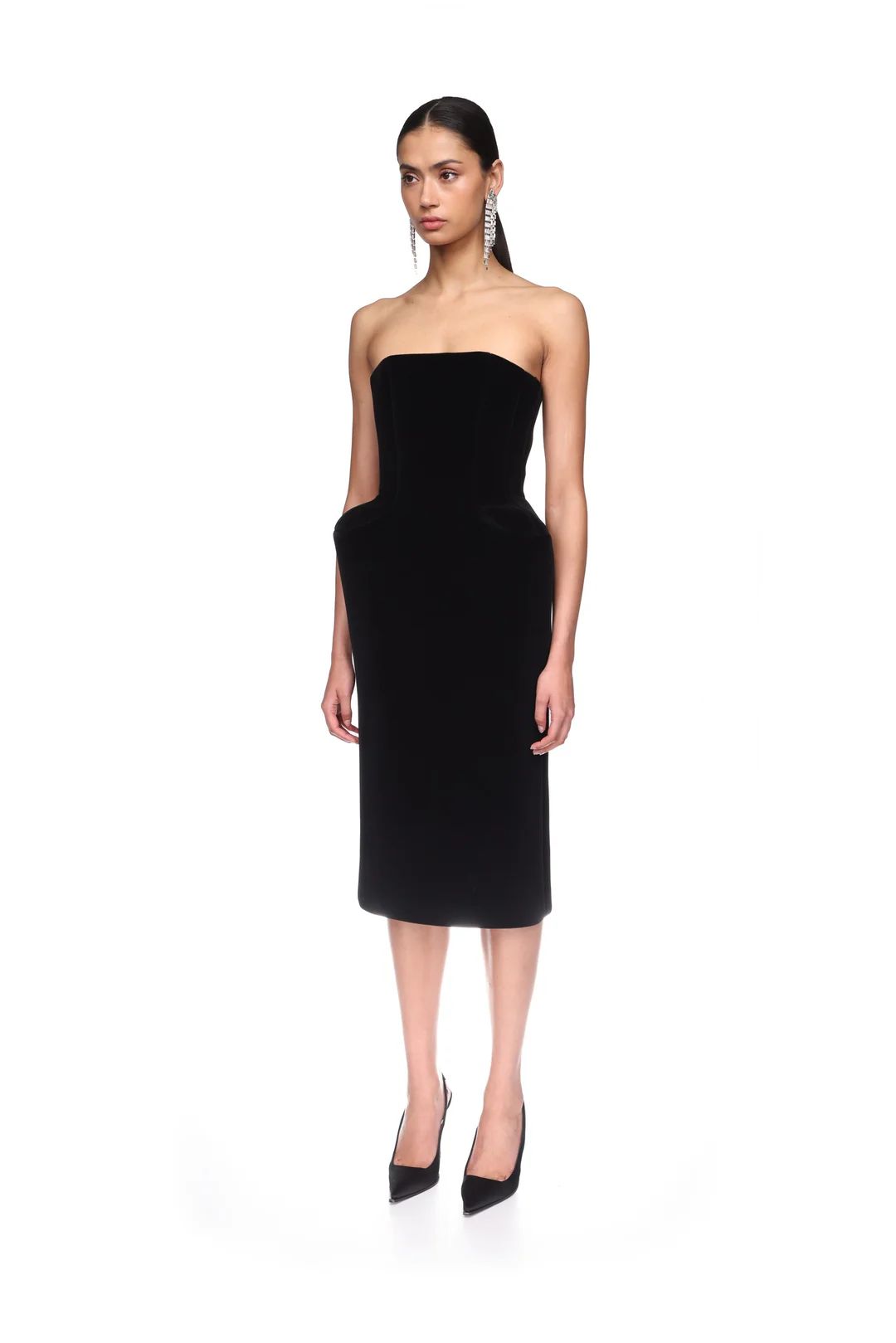 PADDED HIP VELVET MIDI DRESS