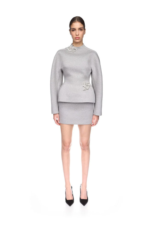 CRYSTAL BROOCH EMBROIDERY DETAIL PEPLUM TOP