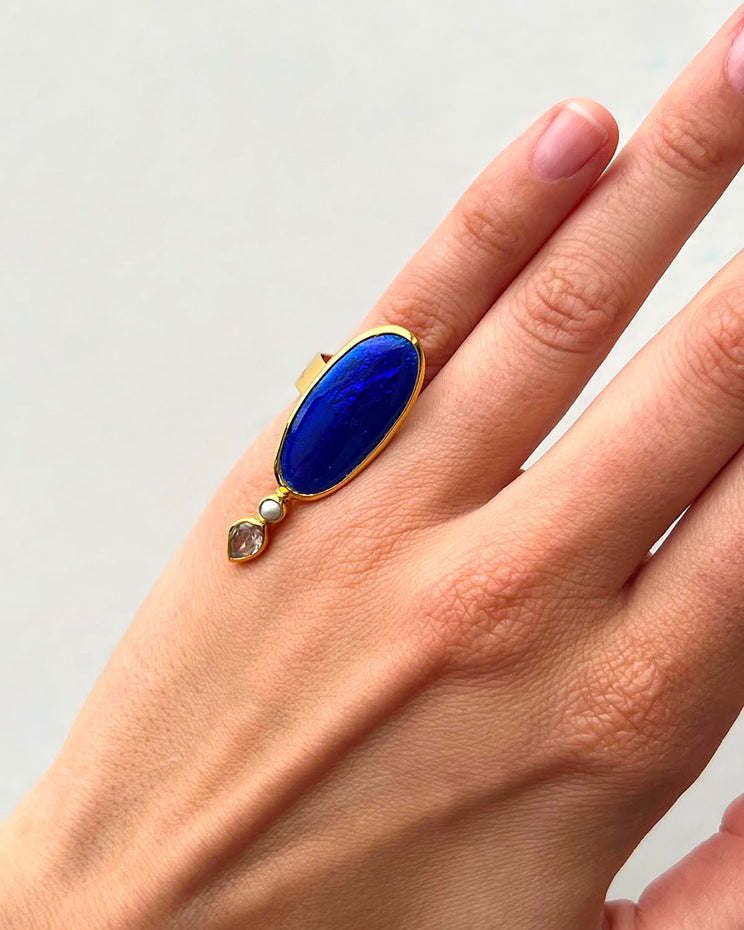 Blue Ring w Small Pearl and Stone