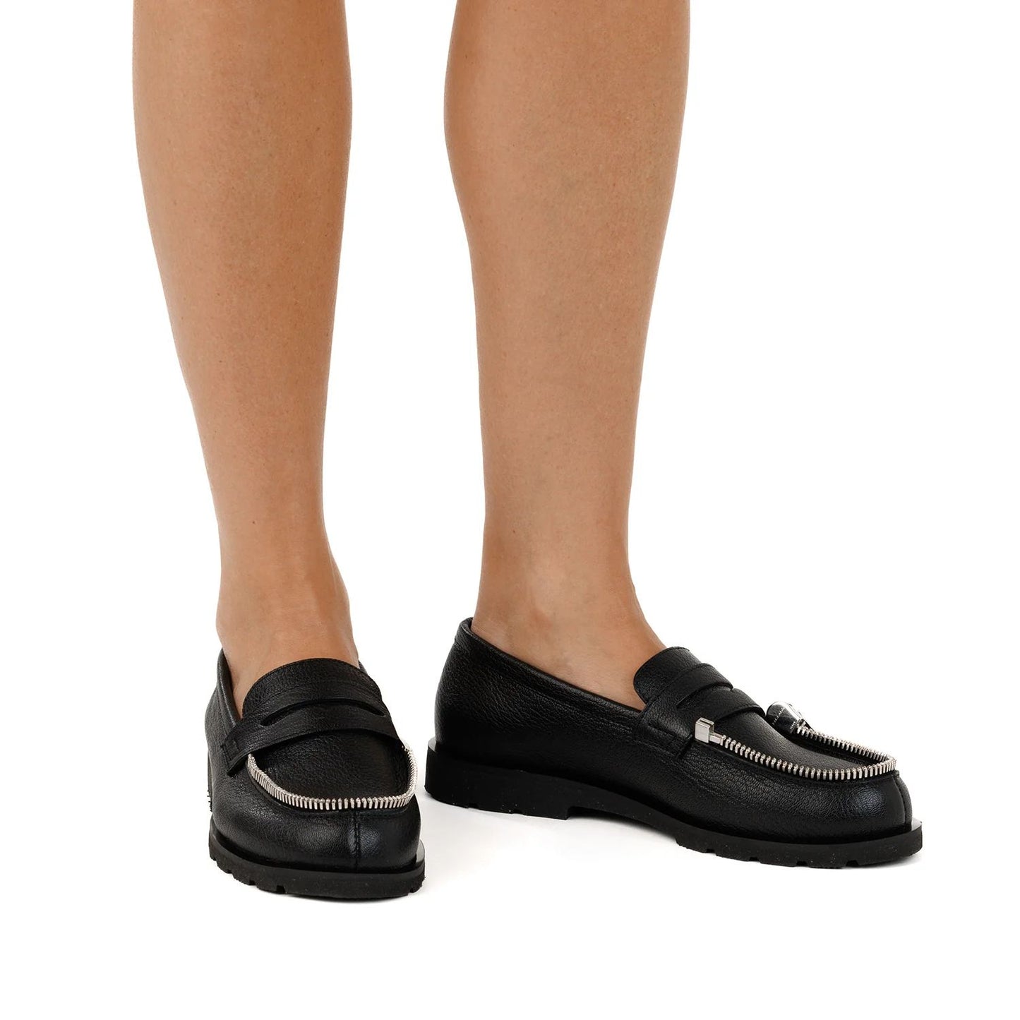 Black Leather Loafers with silver zipp
