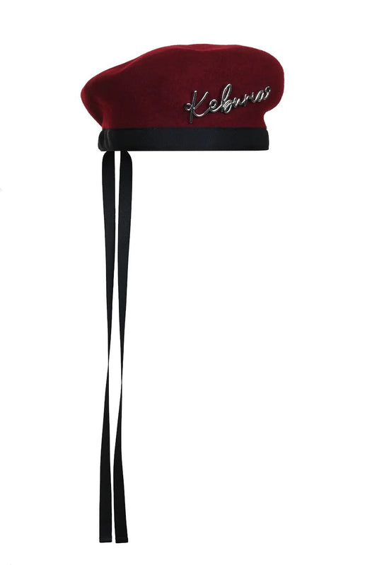 KEBURIA' SILVER-TONE PLAQUE EMBELLISHED WOOL BERET Burgundy