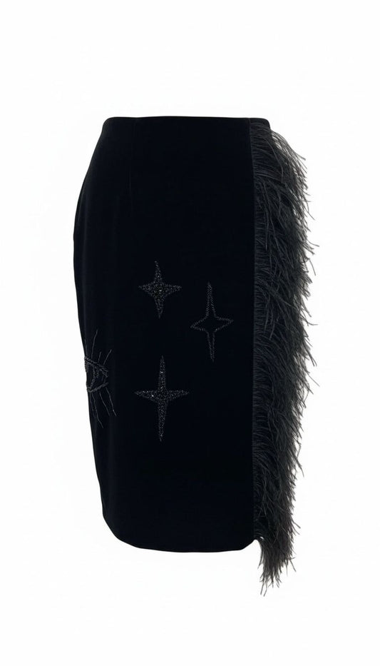 Black Star Detail Feather Trim Skirt