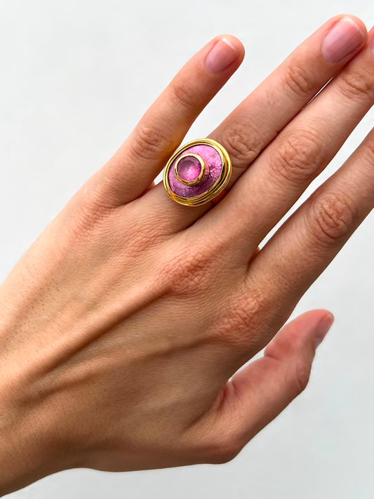 Gongli pink round ring with big stone