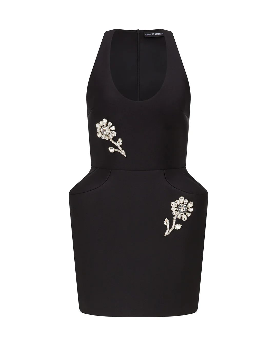 CRYSTAL BROOCH EMBR DETAIL PADDED HIP MINI DRESS