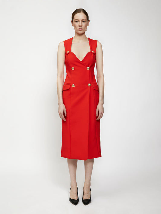 Red dress with golden buttons
