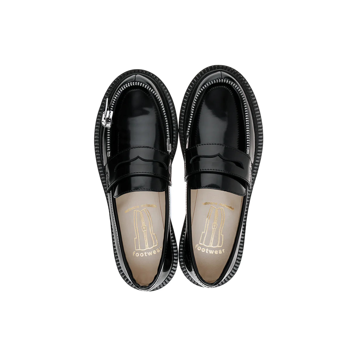 Black Shiny Leather Moccasin with Silver Zipper