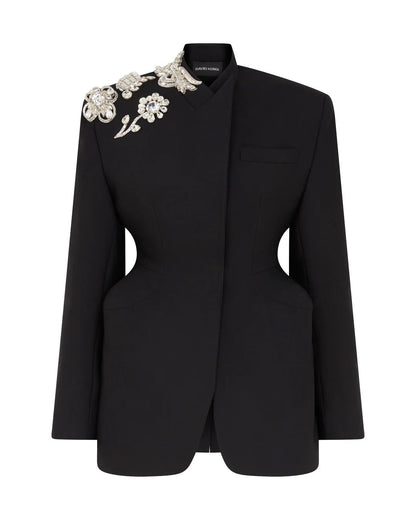 CRYSTAL BROOCH EMBR DETAIL HOURGLASS SHAPE JACKET