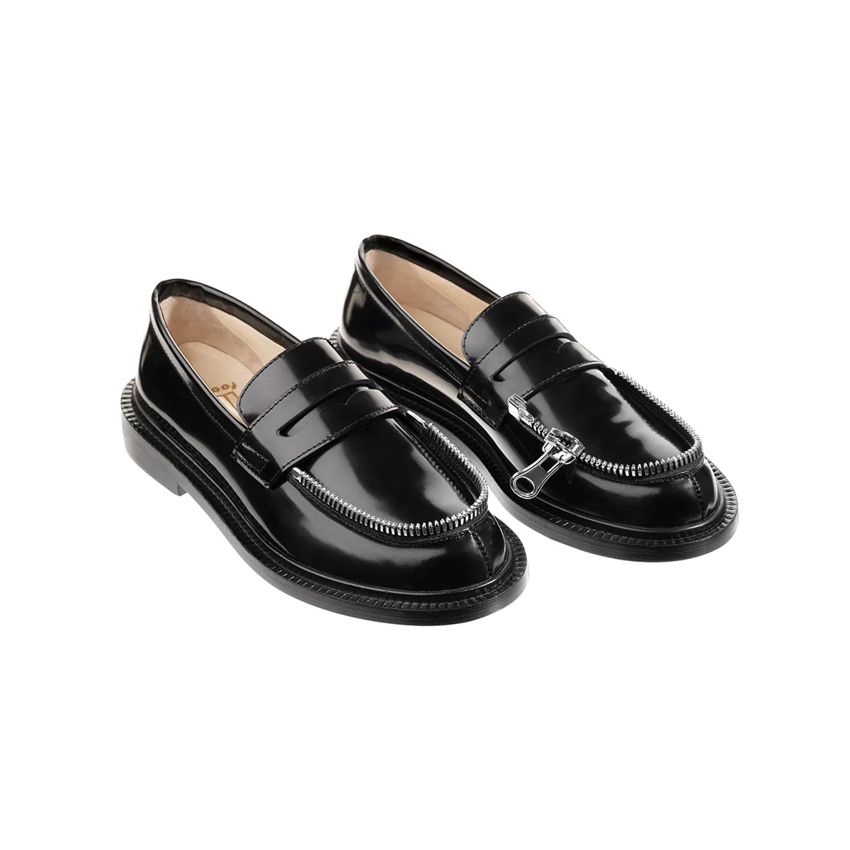 Black Shiny Leather Moccasin with Silver Zipper