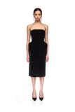 PADDED HIP DETAIL STRAPLESS MIDI VELVET DRESS