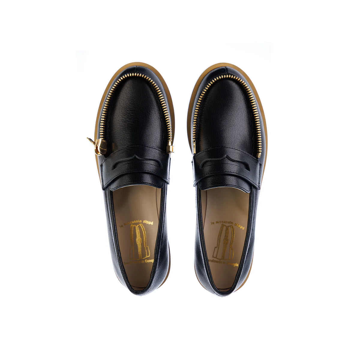 Black Grainy Leather Moccasin with Gold Zipper