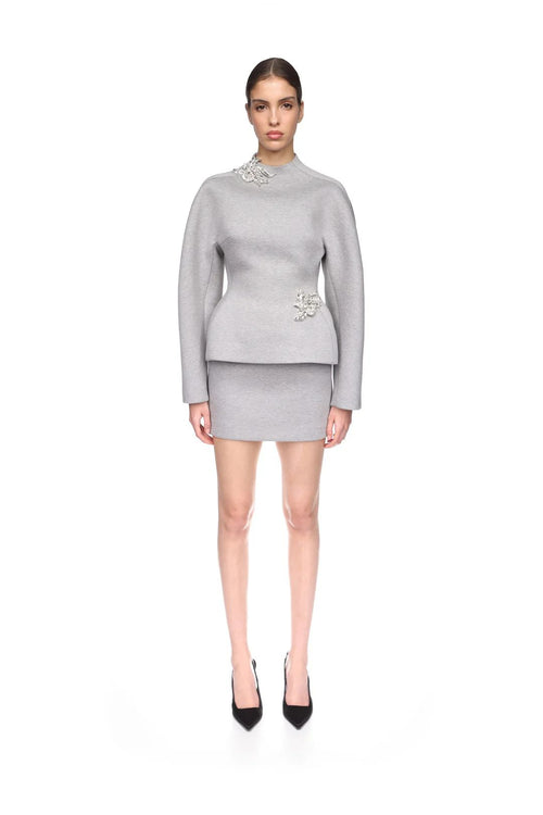 CRYSTAL BROOCH EMBROIDERY DETAIL PEPLUM TOP