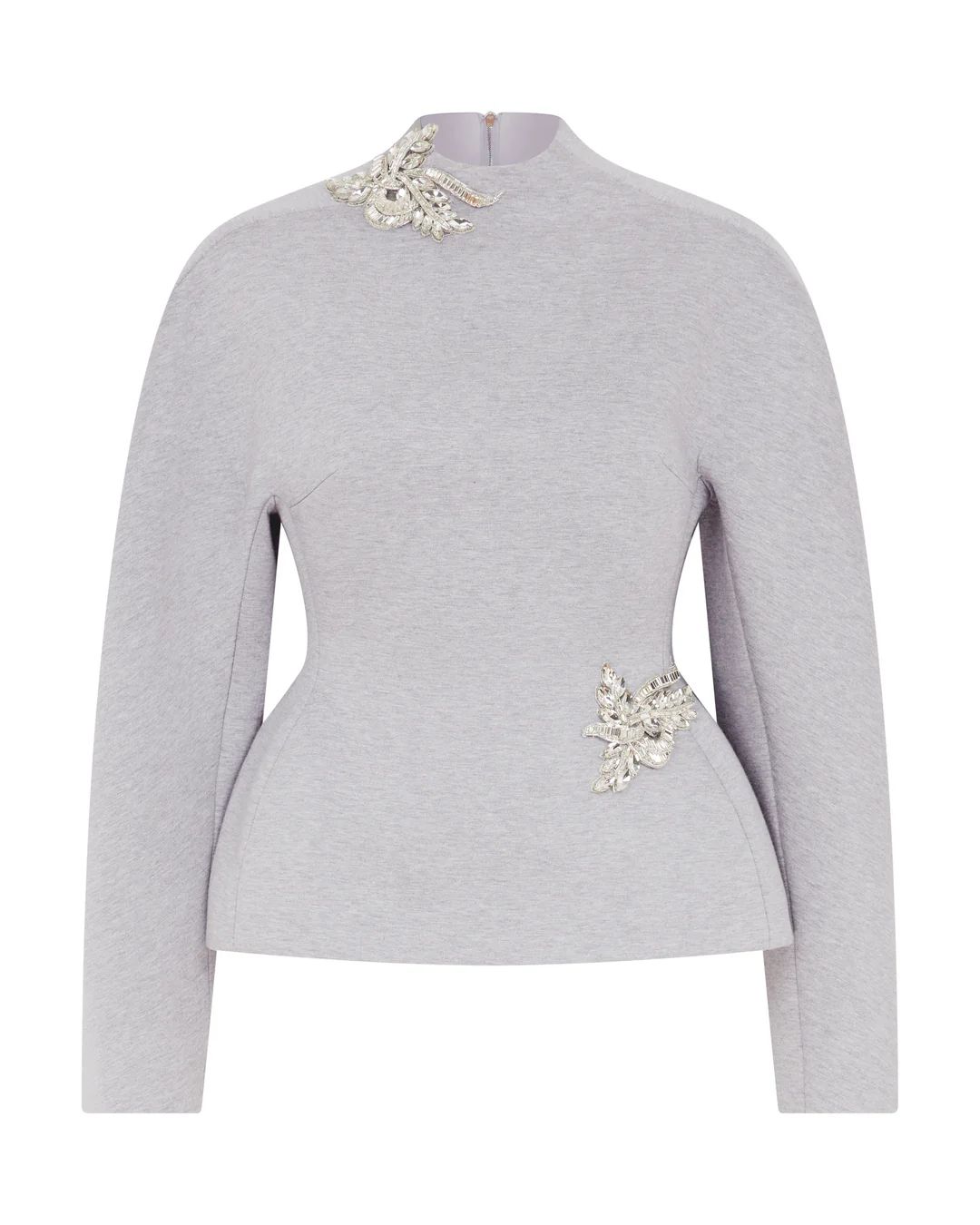 CRYSTAL BROOCH EMBROIDERY DETAIL PEPLUM TOP