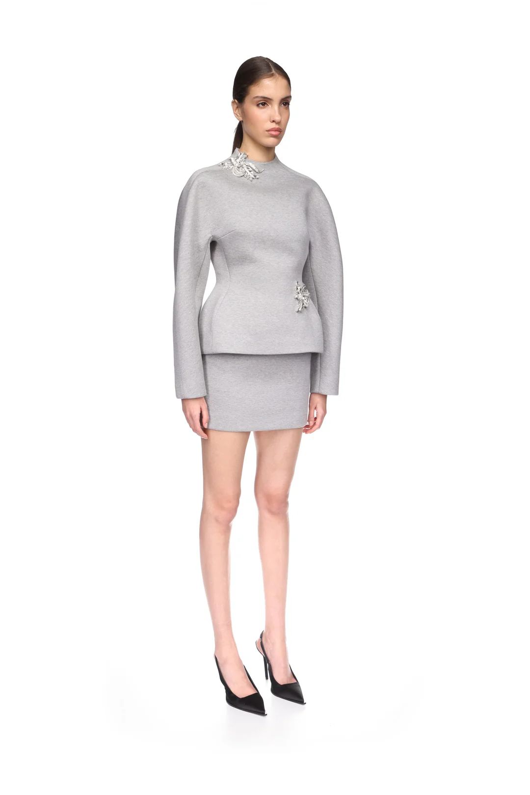 CRYSTAL BROOCH EMBROIDERY DETAIL PEPLUM TOP