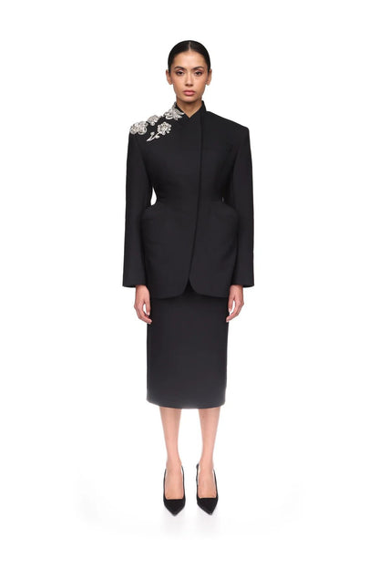 CRYSTAL BROOCH EMBR DETAIL HOURGLASS SHAPE JACKET