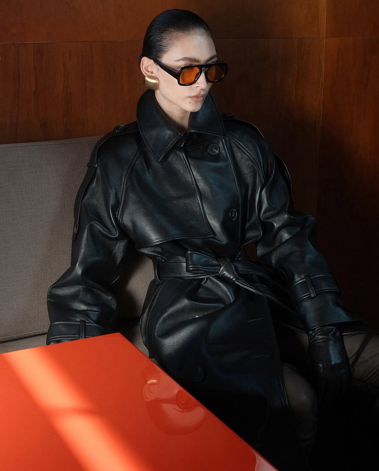 Black leather trench