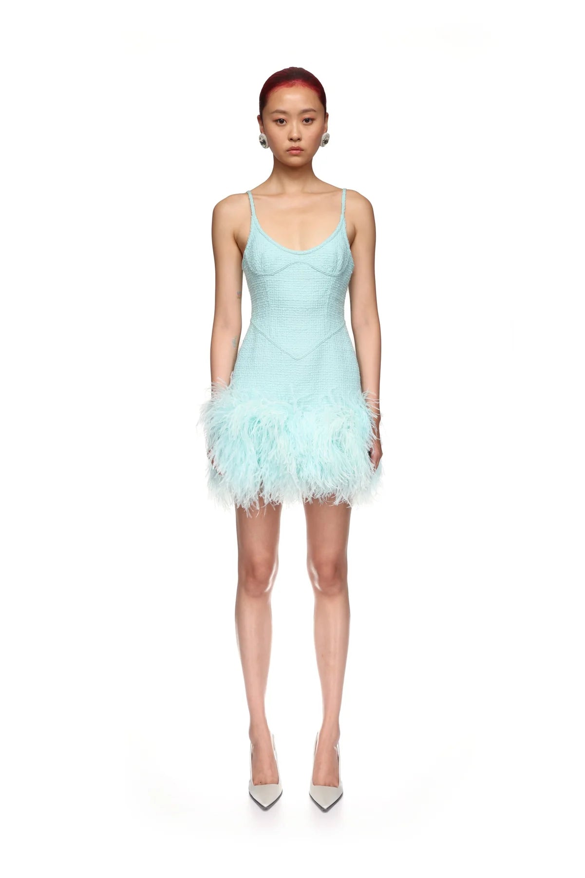 CAMI CUP FEATHER TRIM HEM MINI BOUCLE DRESS