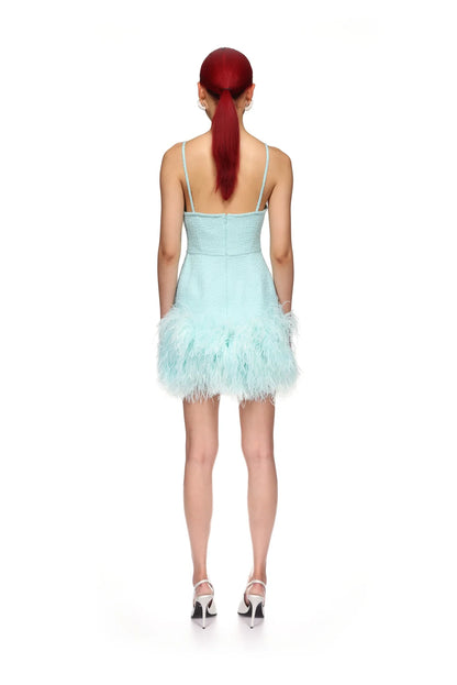 CAMI CUP FEATHER TRIM HEM MINI BOUCLE DRESS