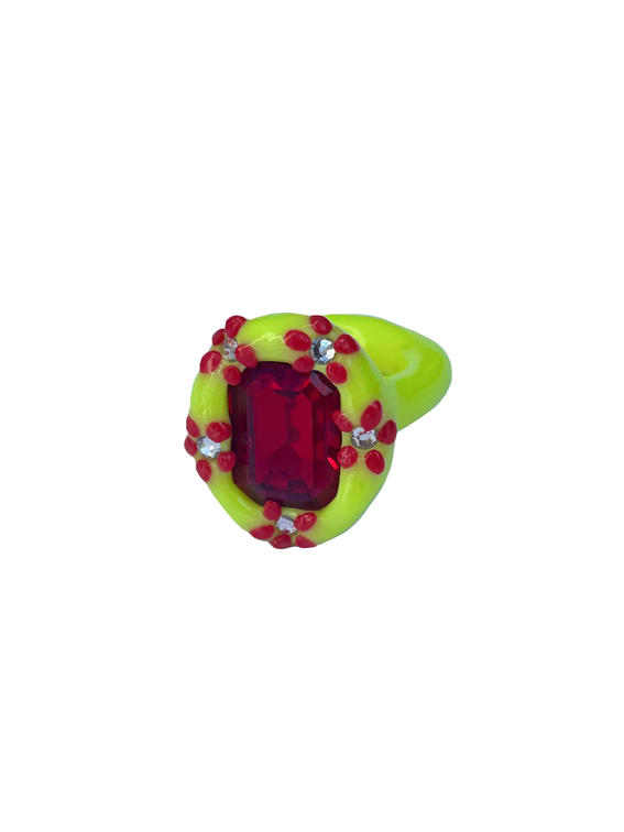 Yellow Floral Ring with Red Stone