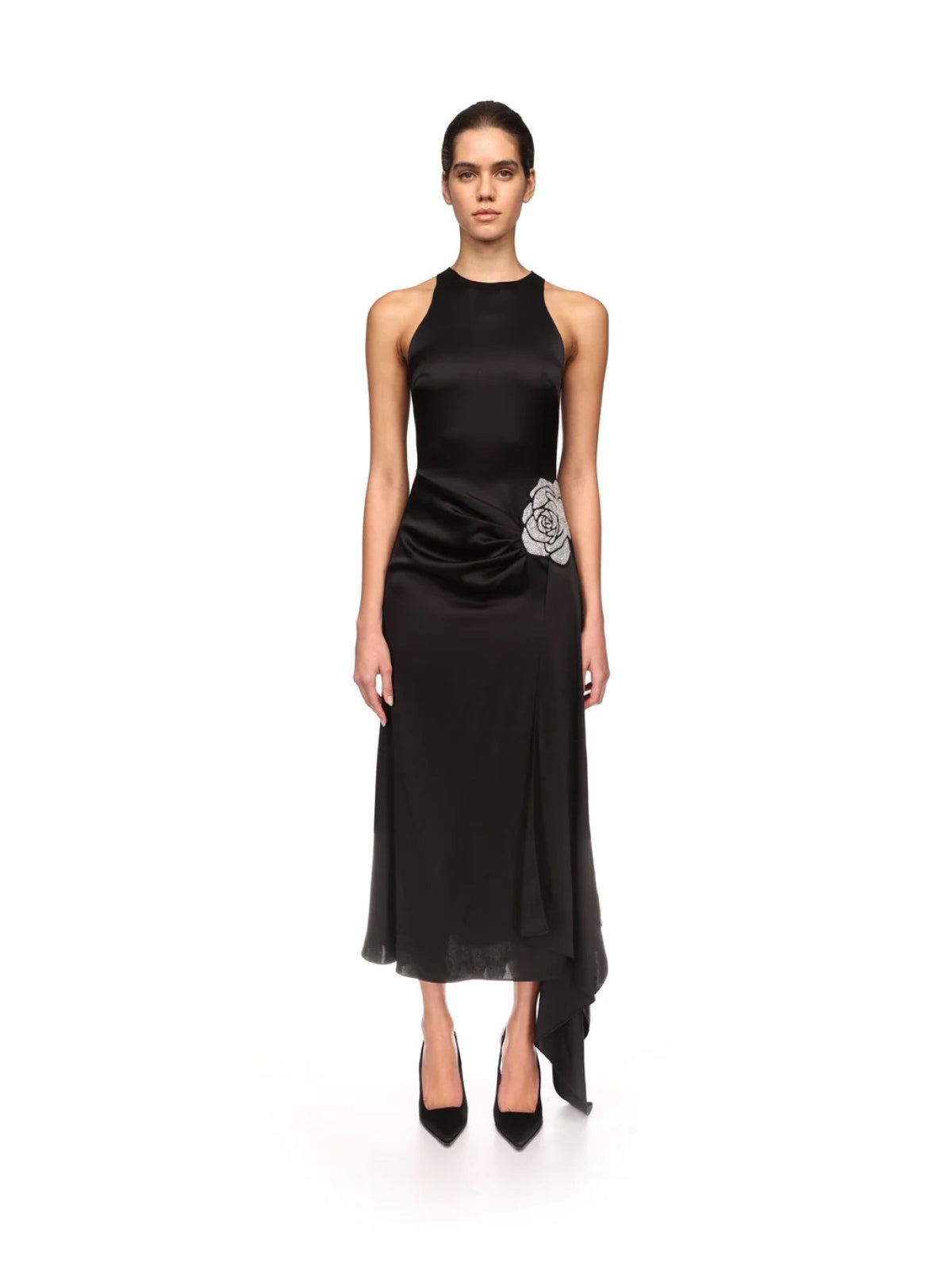 BLACK CRYSTAL ROSE SATIN MIDI DRESS