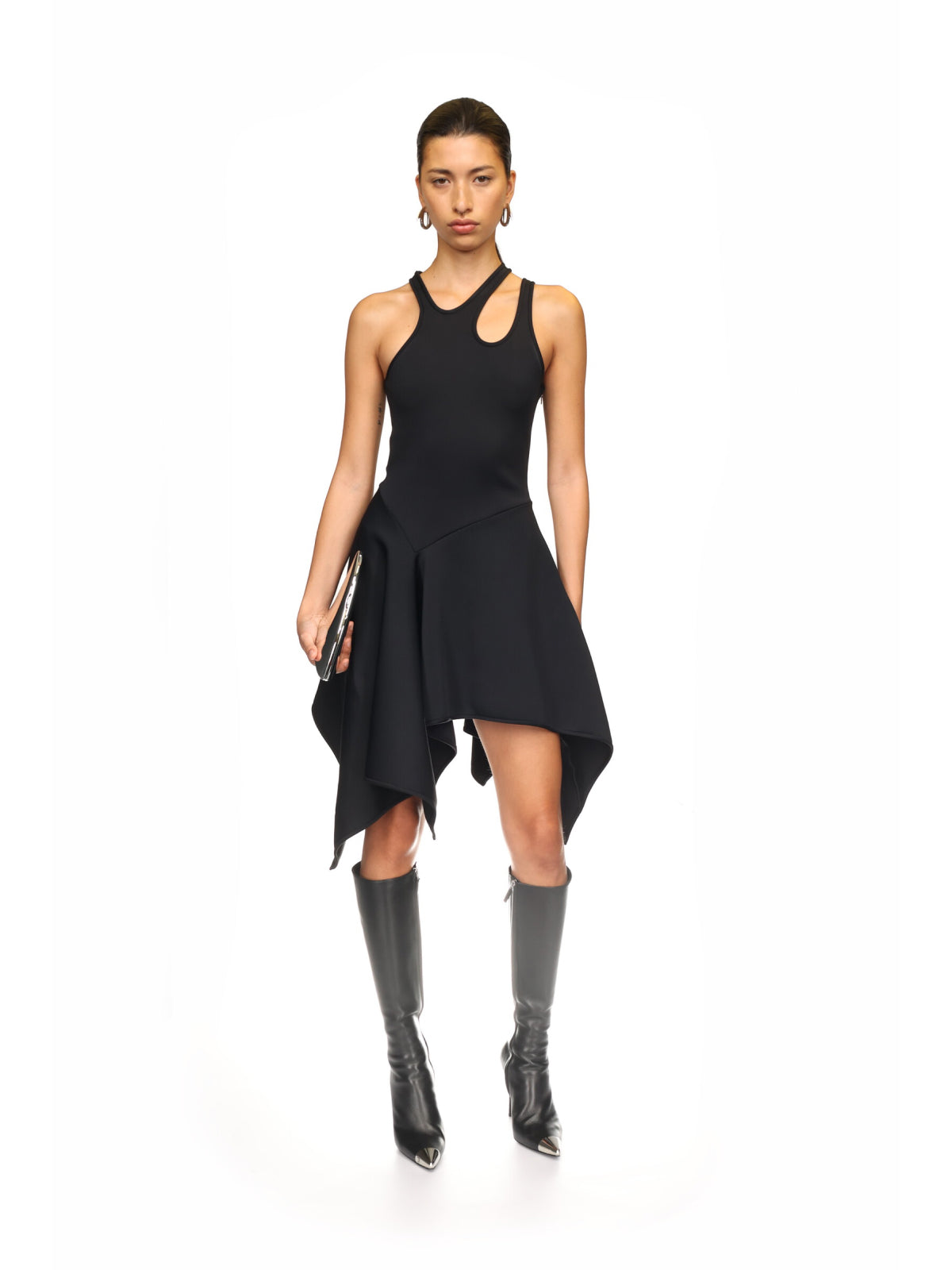 BLACK ASYMMETRIC CUT-OUT MINI DRESS