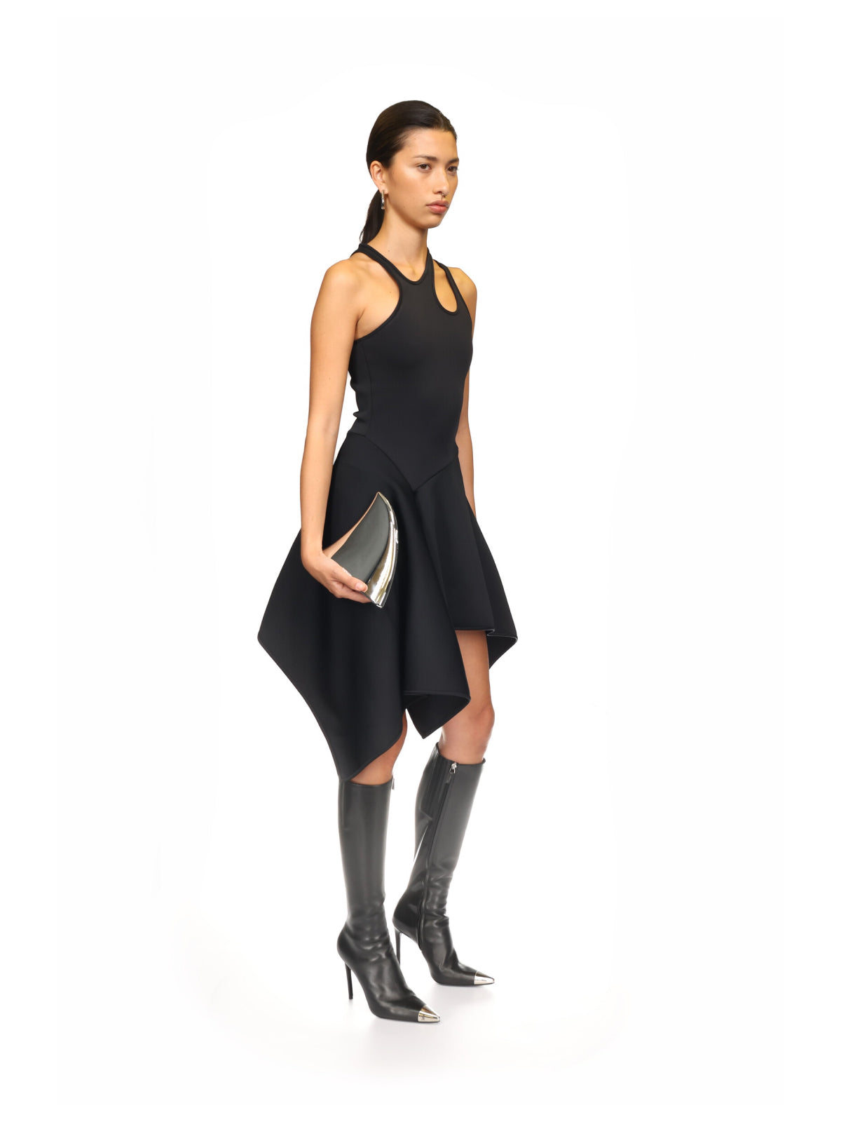 BLACK ASYMMETRIC CUT-OUT MINI DRESS