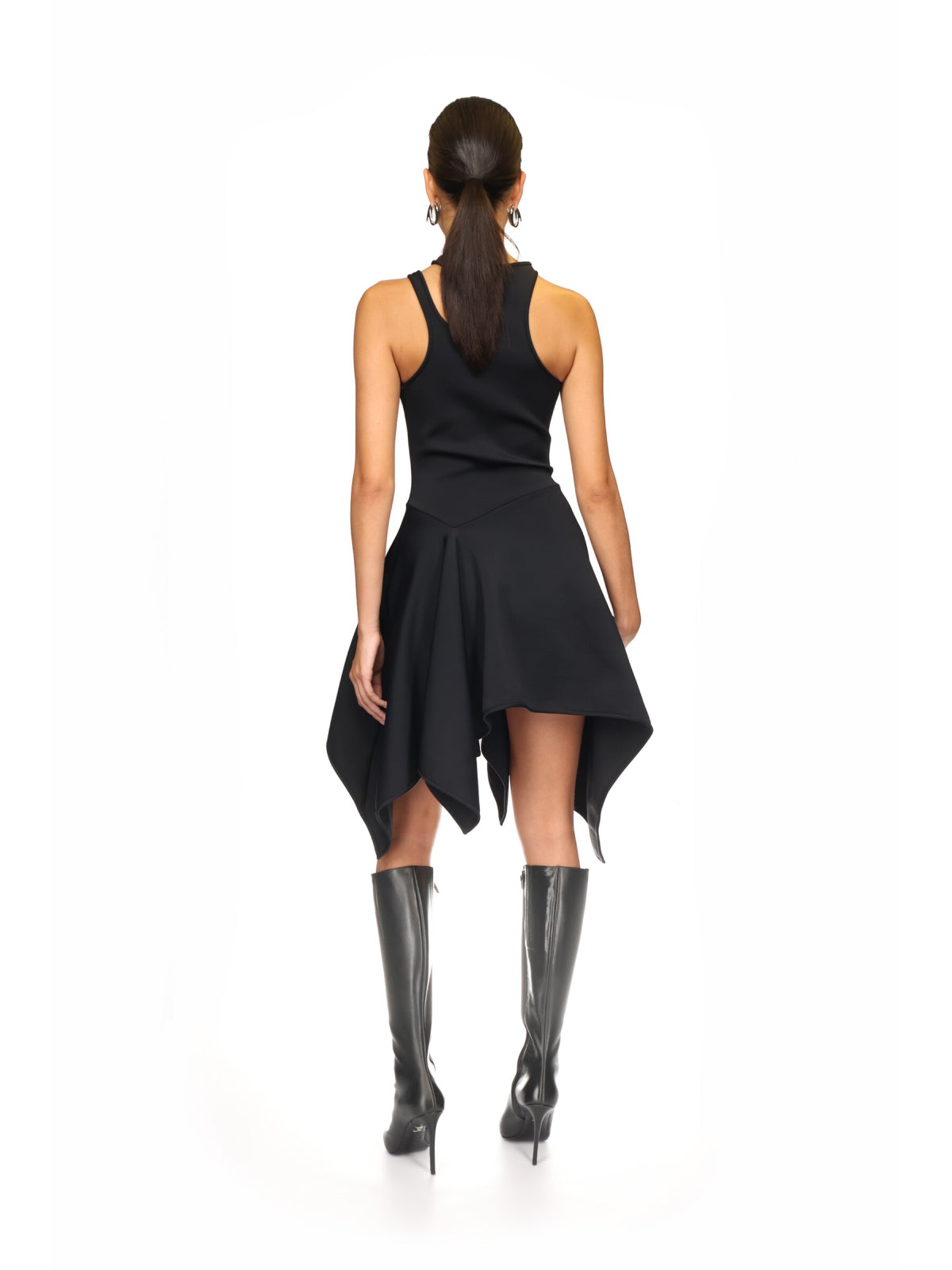 BLACK ASYMMETRIC CUT-OUT MINI DRESS