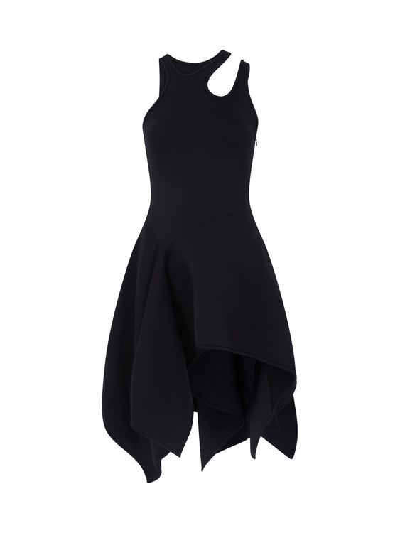 BLACK ASYMMETRIC CUT-OUT MINI DRESS