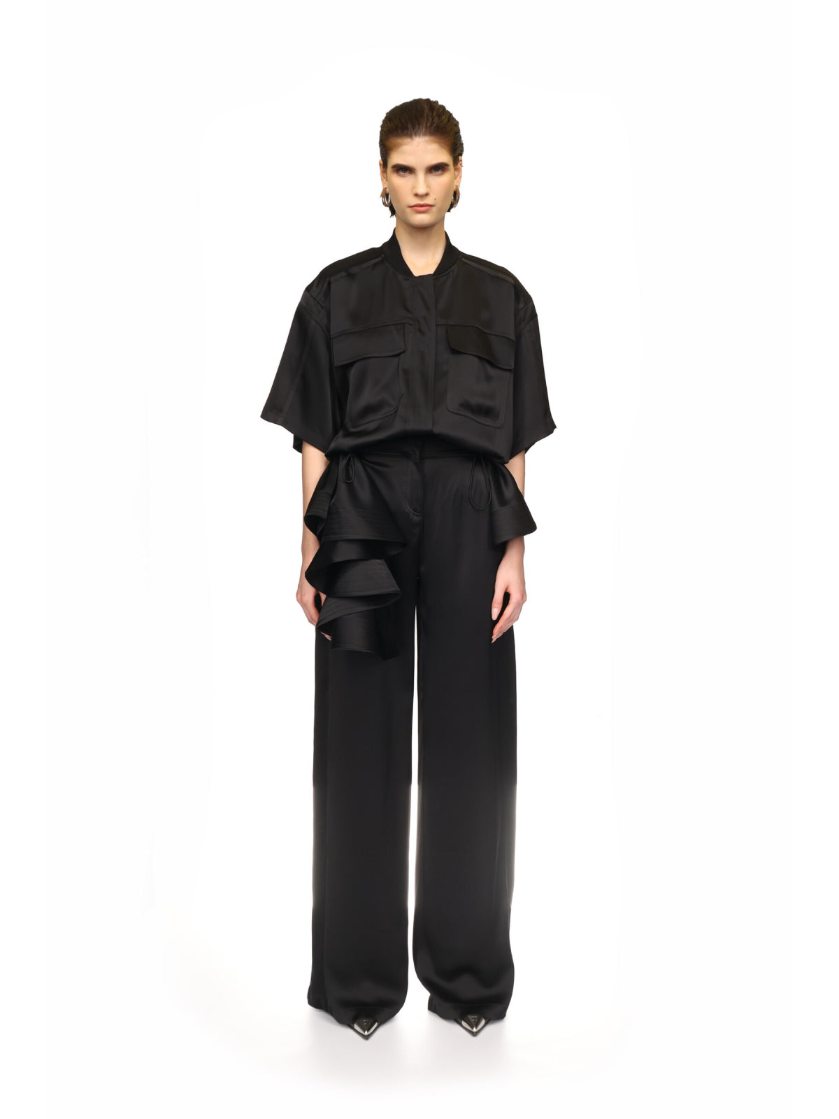 BLACK SATIN SHIRT JUMPSUIT