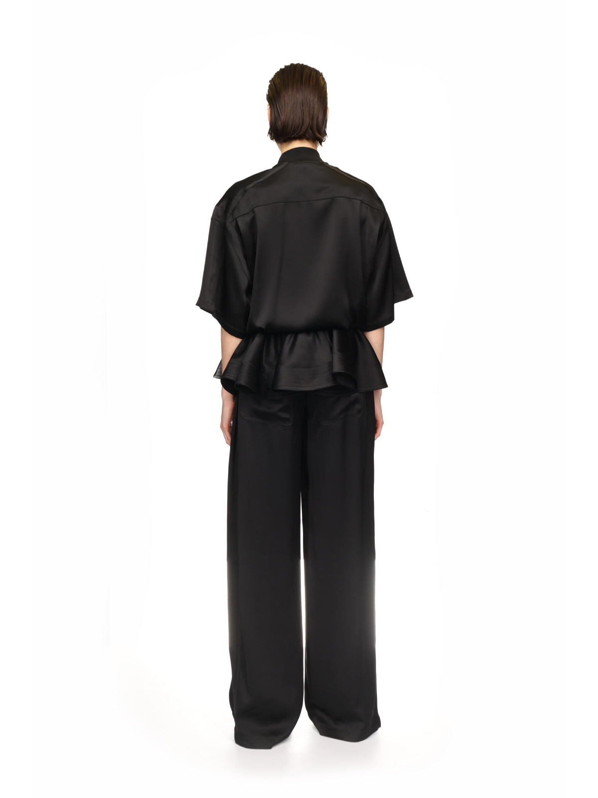 BLACK SATIN SHIRT JUMPSUIT