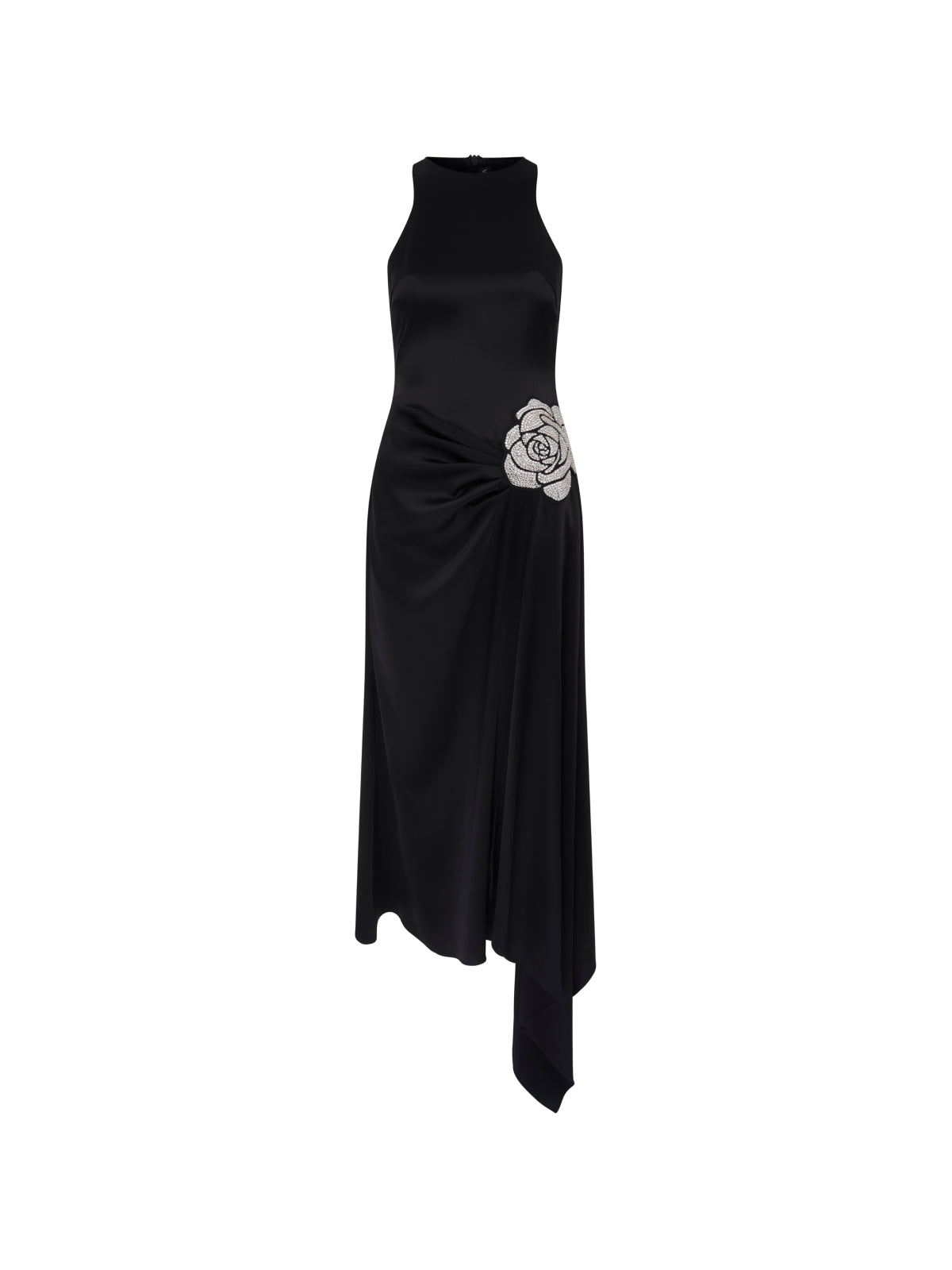 BLACK CRYSTAL ROSE SATIN MIDI DRESS