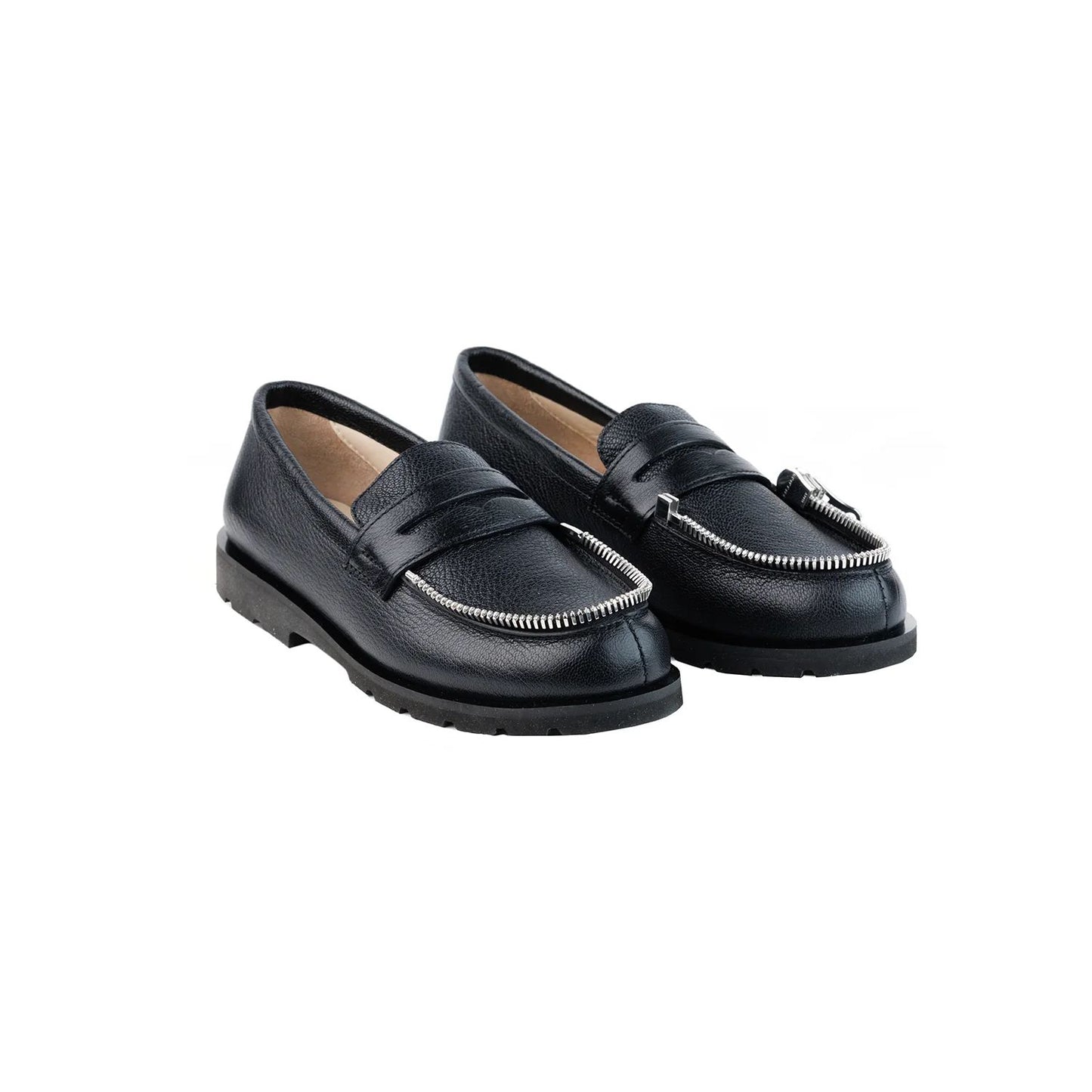 Black Leather Loafers with silver zipp