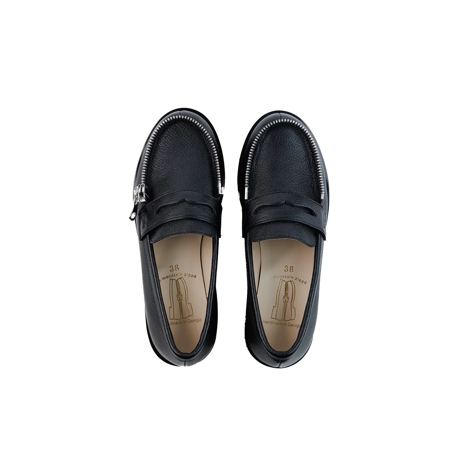 Black Leather Loafers with silver zipp