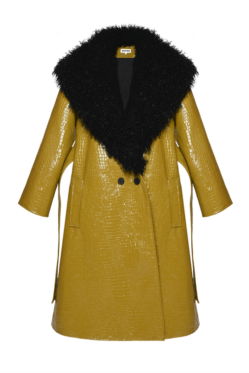 CROC-EMBOSSED FAUX FUR-TRIMMED VEGAN LEATHER COAT