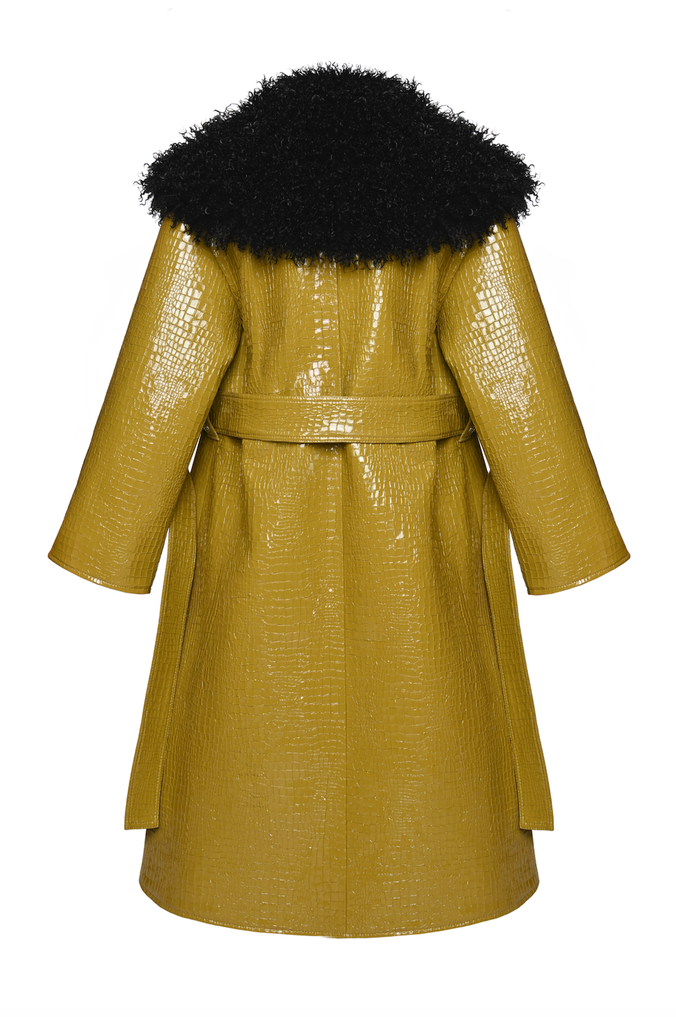 CROC-EMBOSSED FAUX FUR-TRIMMED VEGAN LEATHER COAT