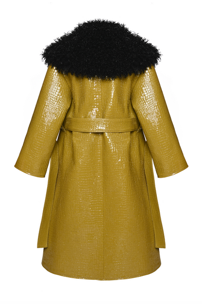 CROC-EMBOSSED FAUX FUR-TRIMMED VEGAN LEATHER COAT