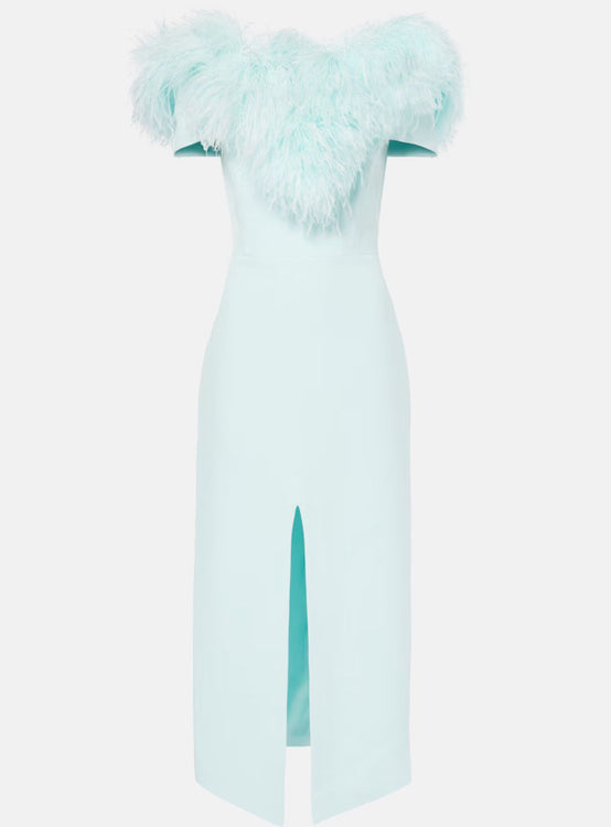 FEATHER TRIM TOP DETAIL FRONT SLIT MIDI DRESS MINT