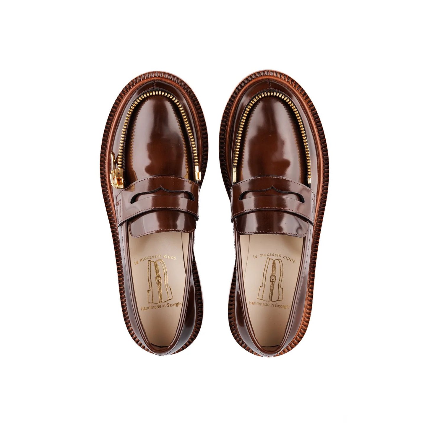 Brown mocassin with gold zipp