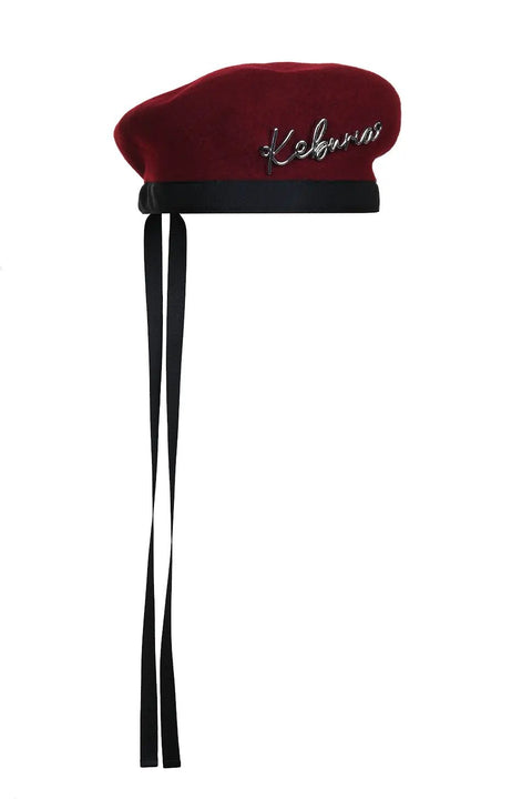 KEBURIA' SILVER-TONE PLAQUE EMBELLISHED WOOL BERET Burgundy