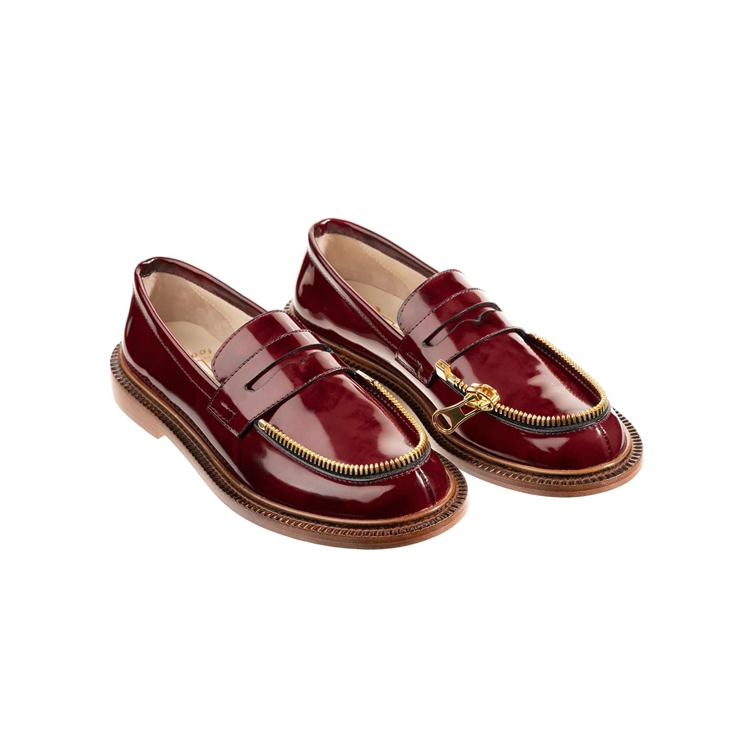 red shiny leather moccasin with golden zipp