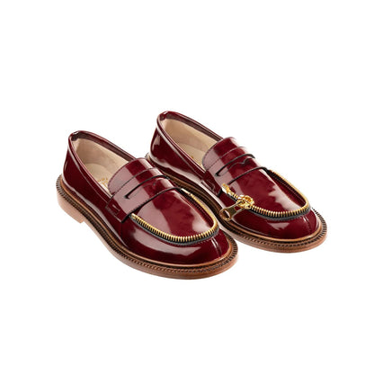 red shiny leather moccasin with golden zipp