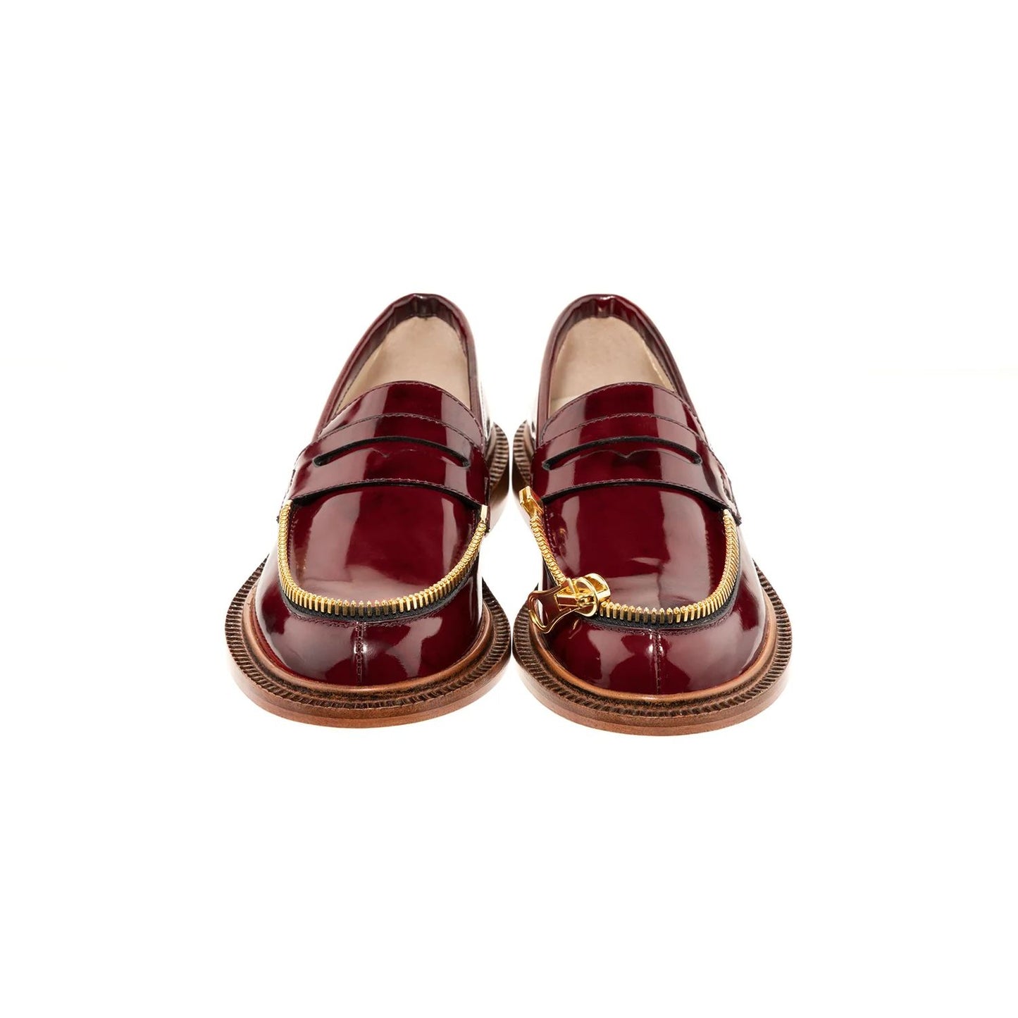 red shiny leather moccasin with golden zipp