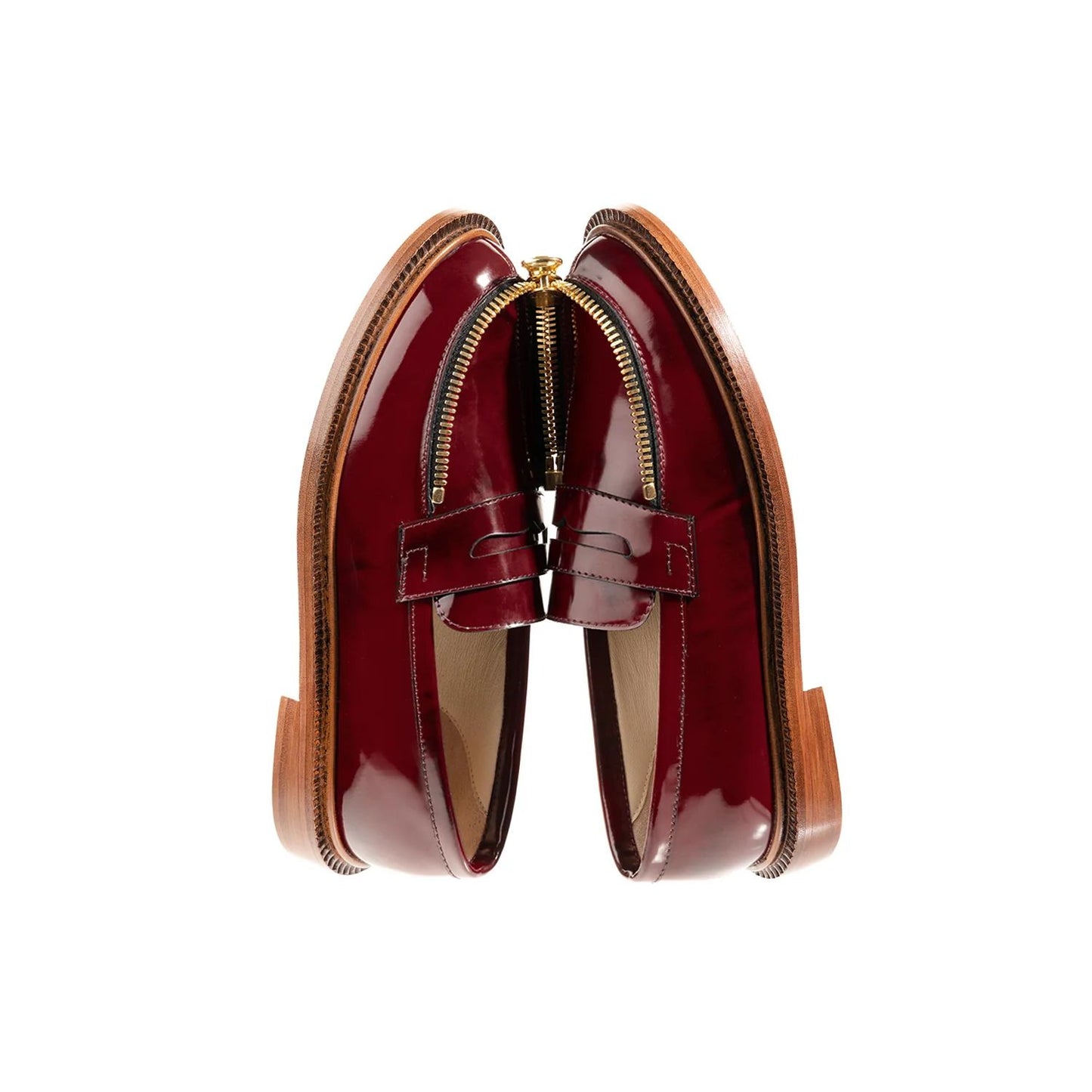 red shiny leather moccasin with golden zipp