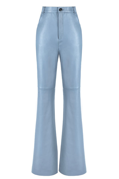 Sky Blue Flared Leather Look Pants