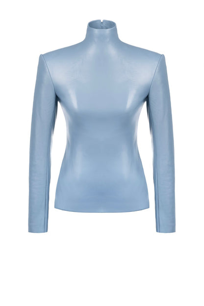 Sky Blue High-Neck Leather-Look Top
