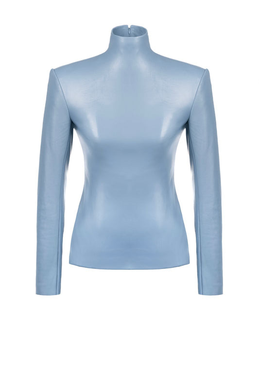 Sky Blue High-Neck Leather-Look Top