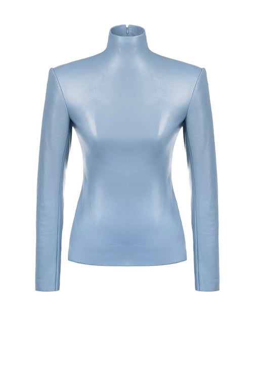 Sky Blue High-Neck Leather-Look Top