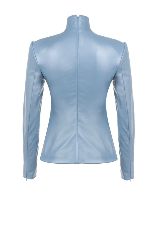 Sky Blue High-Neck Leather-Look Top