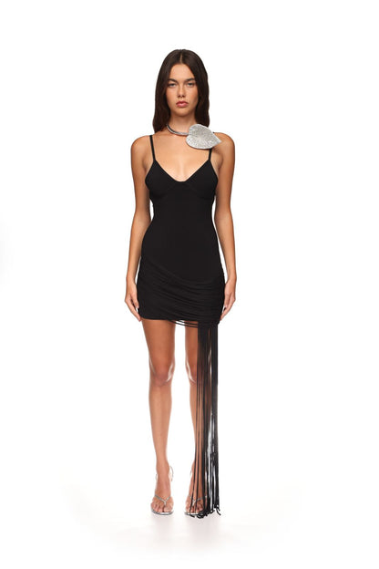 FRINGE DRAPE DETAIL CAMI MINI KNIT DRESS