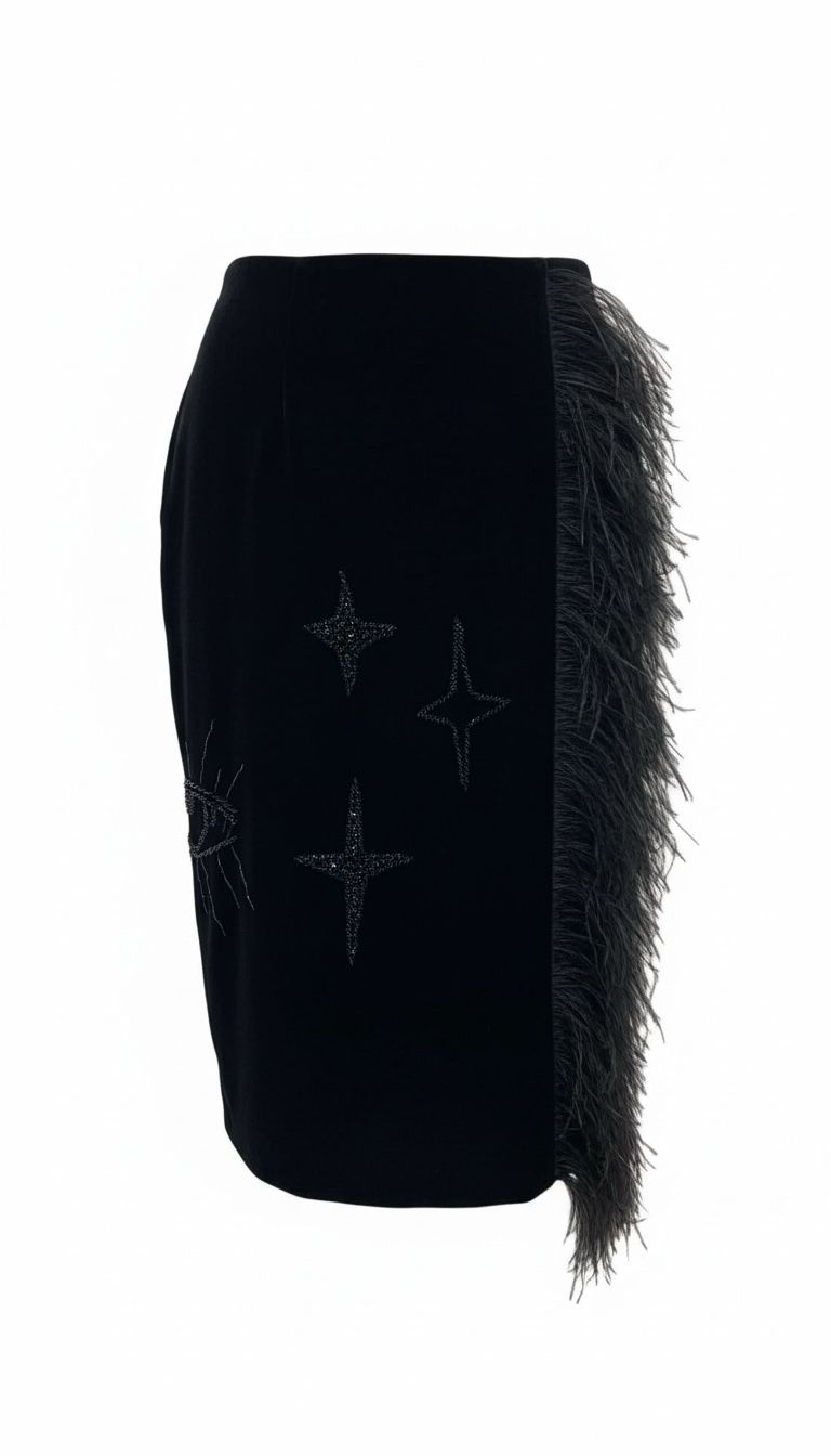 Black Star Detail Feather Trim Skirt