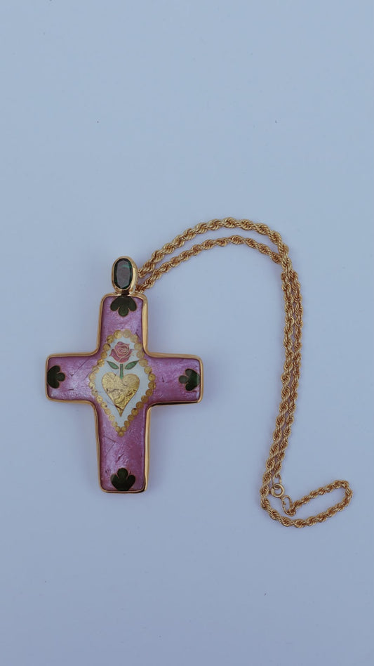 Pink Floral Heart Cross Necklace
